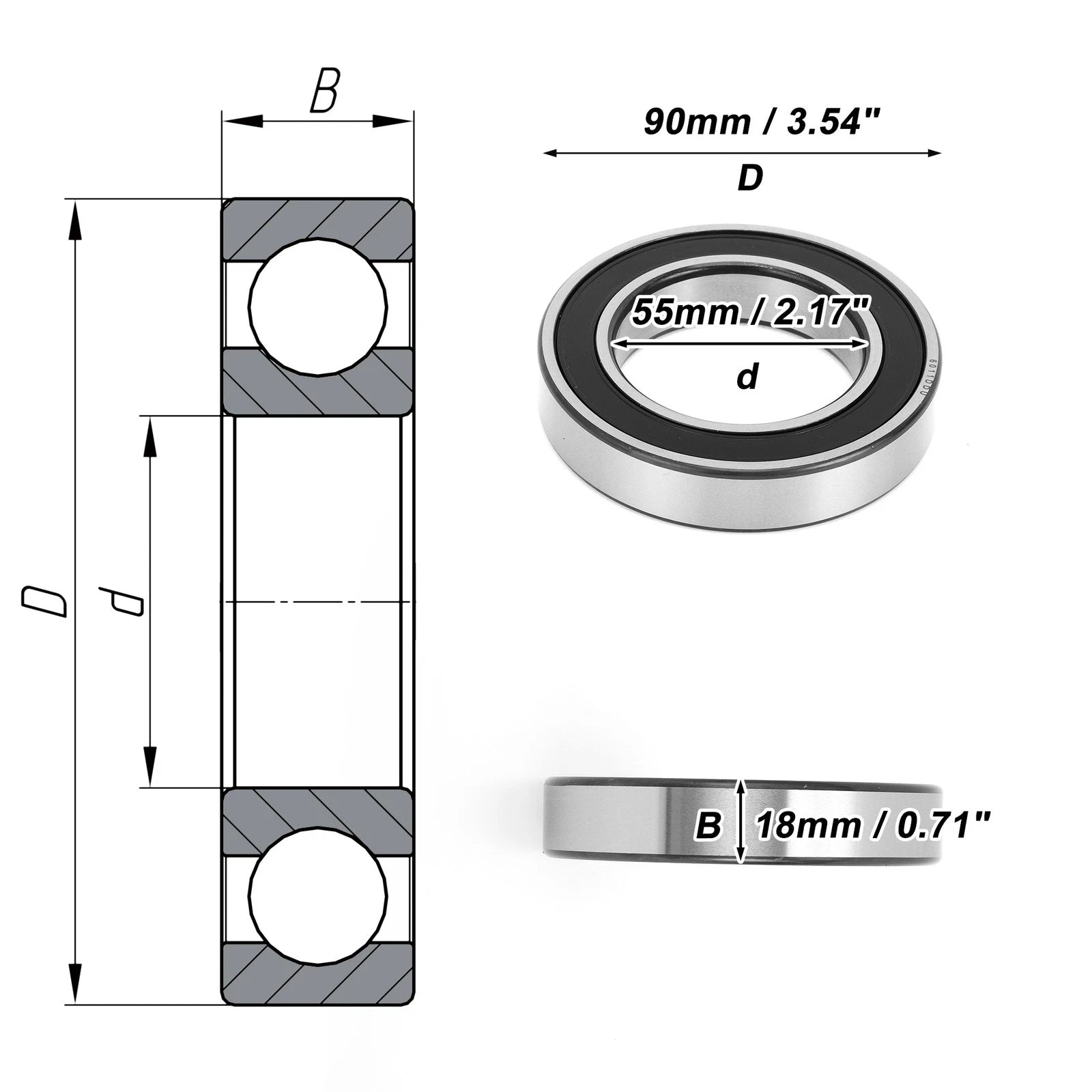 Deep Groove Ball Bearing 6011DDU for Scooter Skateboard Wheel (55x90x18mm)