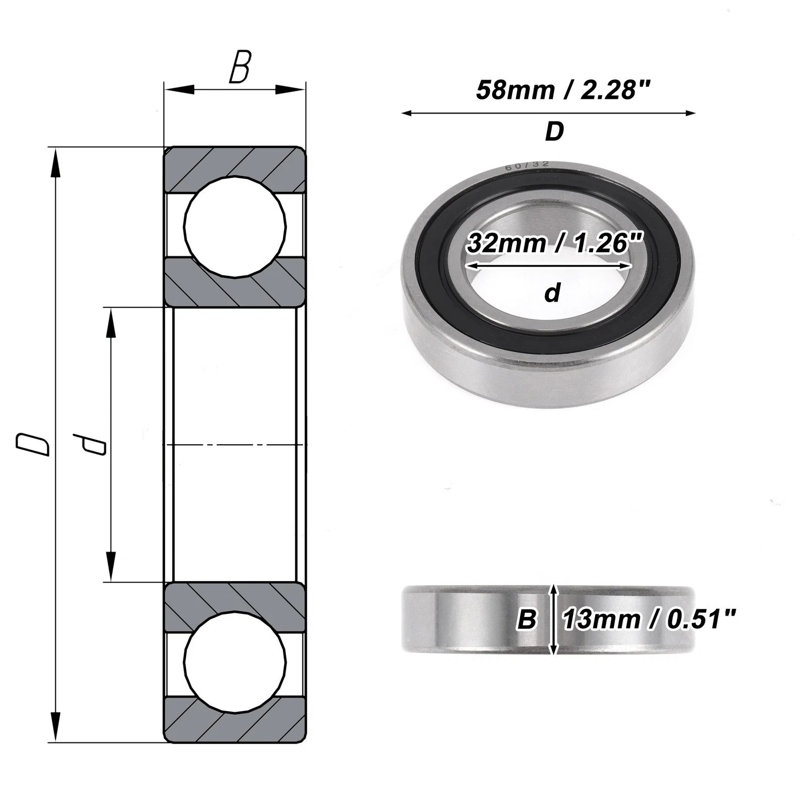 Deep Groove Ball Bearing 32x58x13mm for Scooter Skateboard (1 Pc)