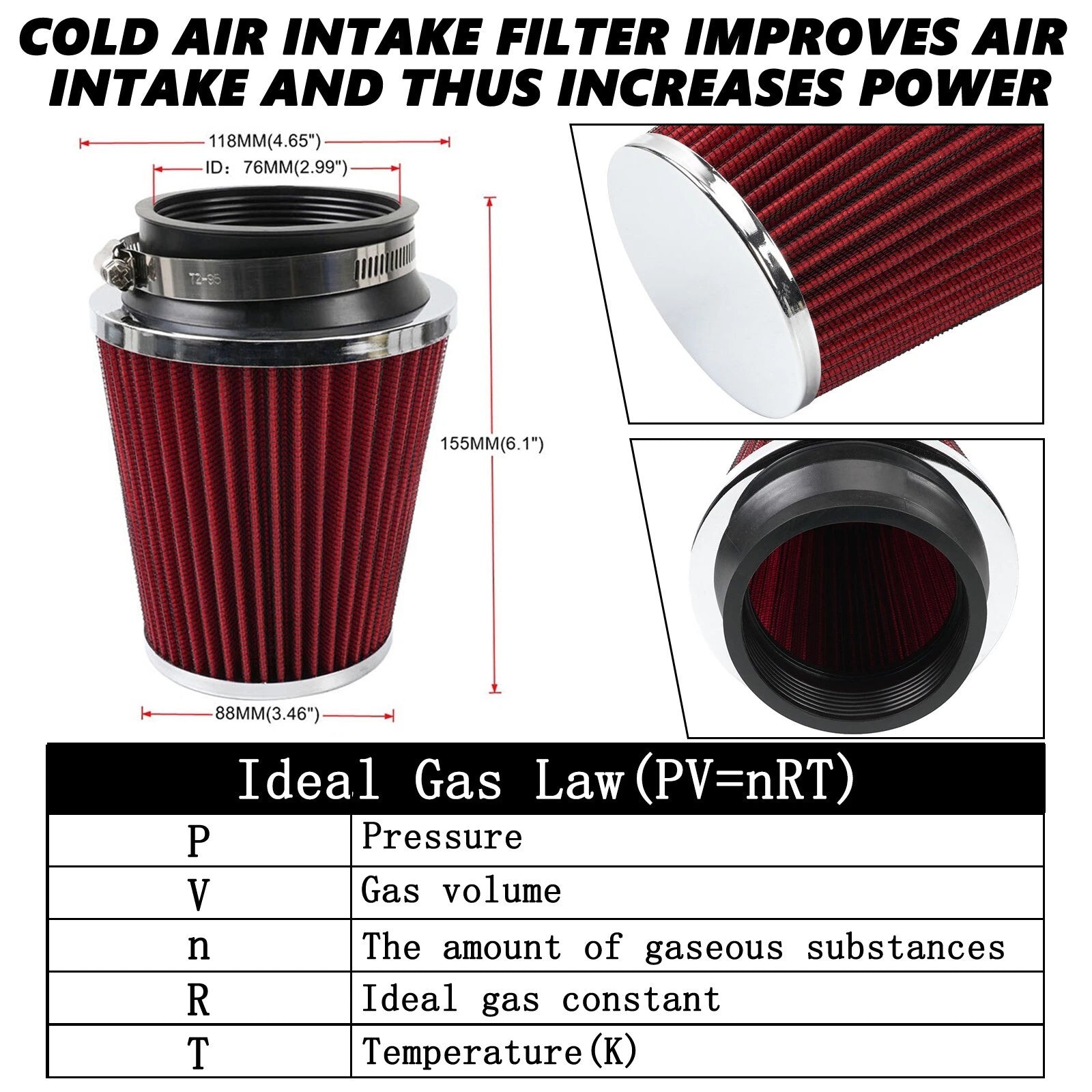 3" 76mm Inlet Cold Air Intake Cone Replacement Dry Air Filter for