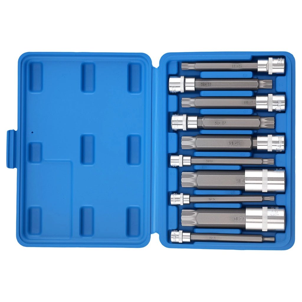 10pc Metric Spline Socket Bit Set 1/4 3/8 1/2 Dr Chrome Finish S2 Steel