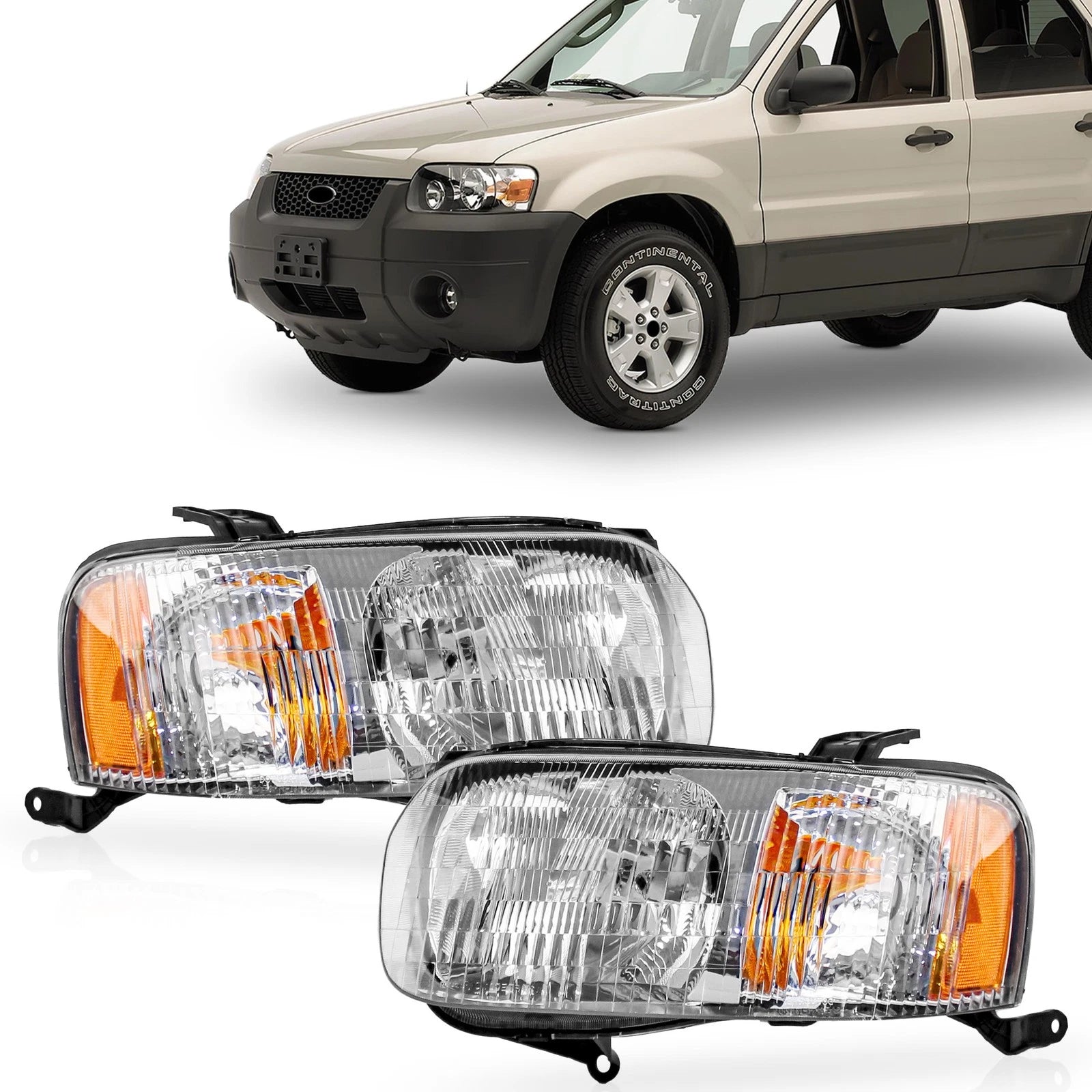 Set of 2 Headlight Lamp Assembly for Ford Escape (2001–2004) Chrome Bezel