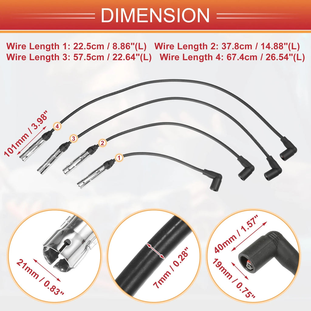 Set of 4 Spark Plug Wire Ignition Coil Cables for VW Beetle Golf (2001–2007)