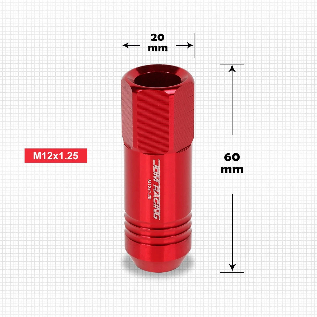 Set of 20 M12X1.25 Red JDM Open End Conical Hex Wheel Lug Nuts + Extension 20mm
