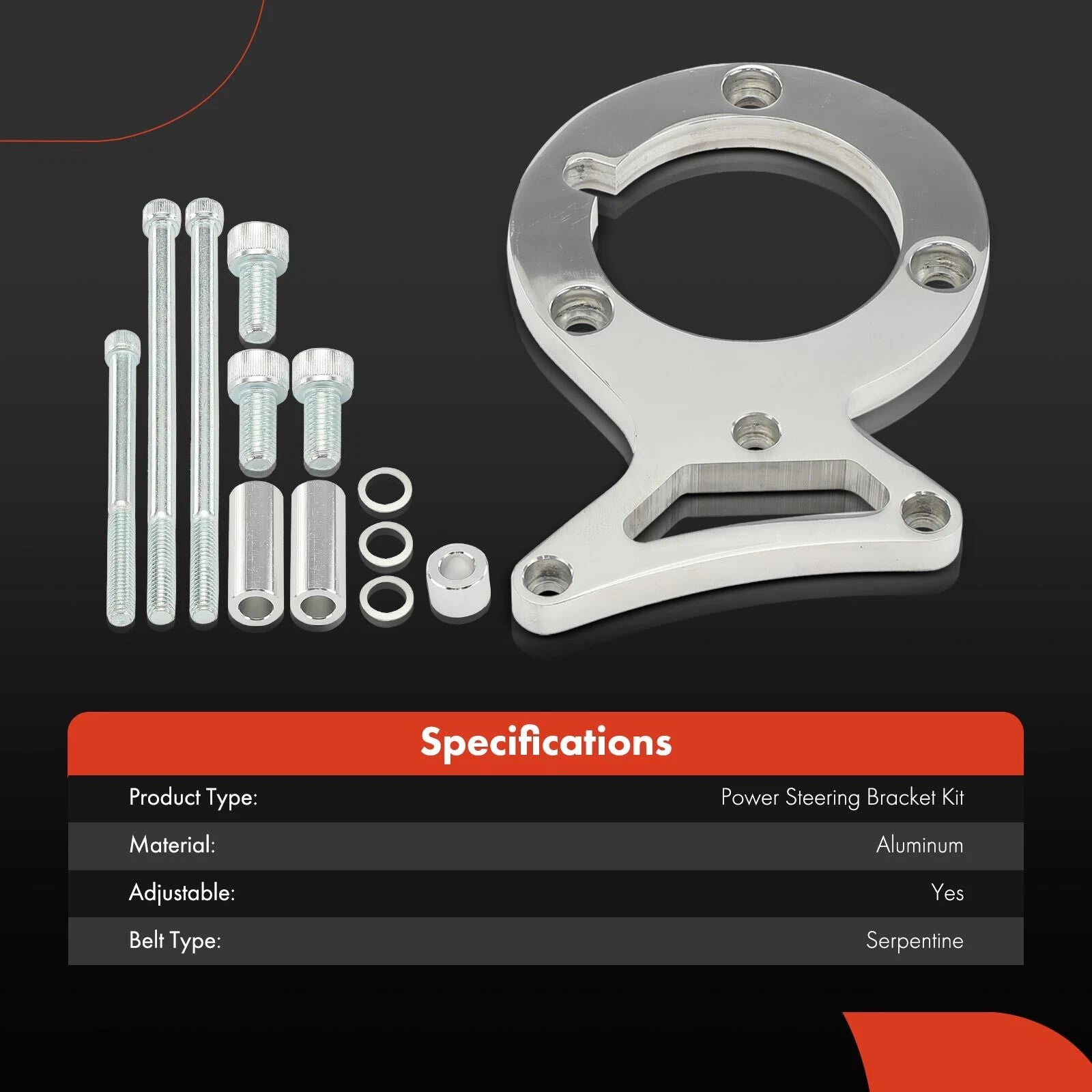7x Aluminum Polished Power Steering Bracket Kit for Ford Mustang (1982–1992)