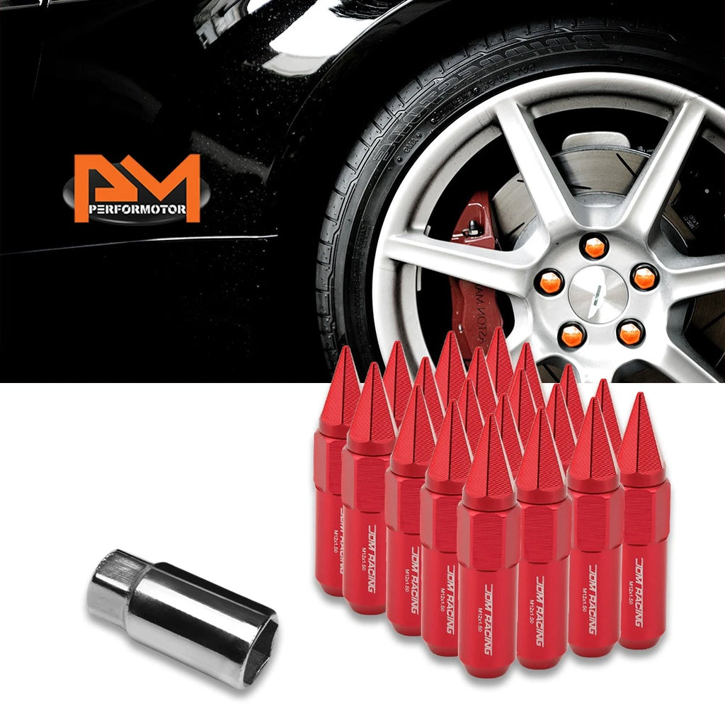Set of 20 M12X1.5 Red JDM Hex Spiked Cap Wheel Lug Nuts + 20mm Extension