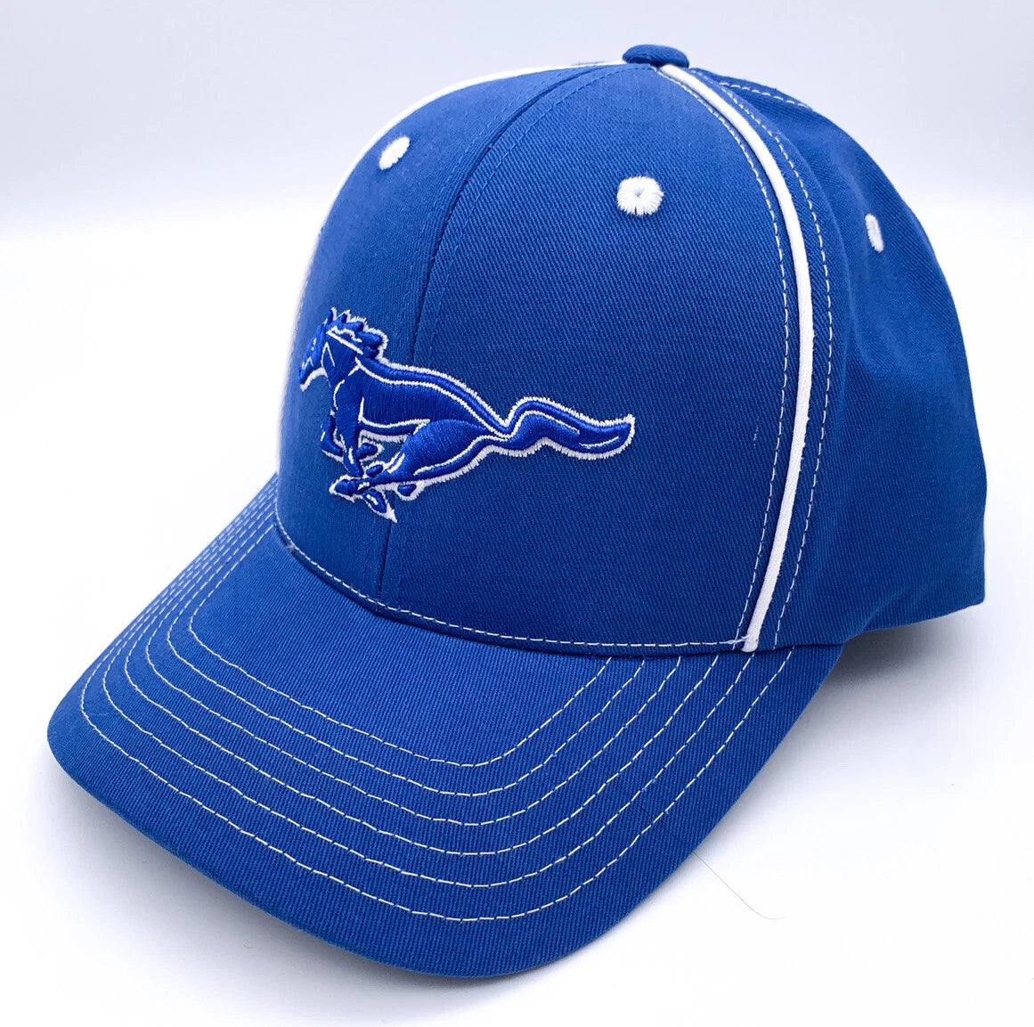 Licensed Ford Mustang Hat Blue Running Pony Logo with White Stitching (2005–2015)