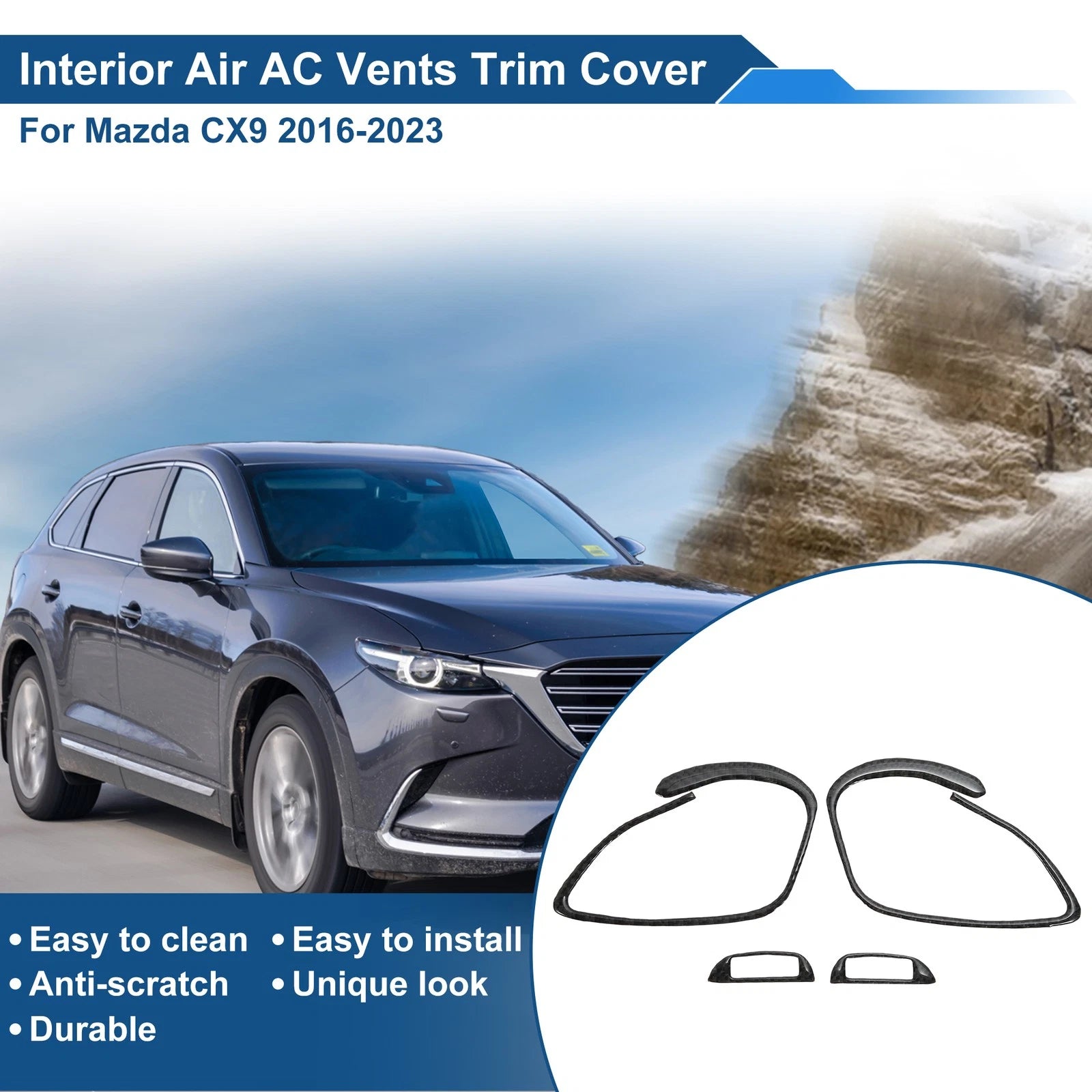 Set of 2 Air Condition Outlet Vent Trim Cover Frame for Mazda CX-9 (2016–2023) Black