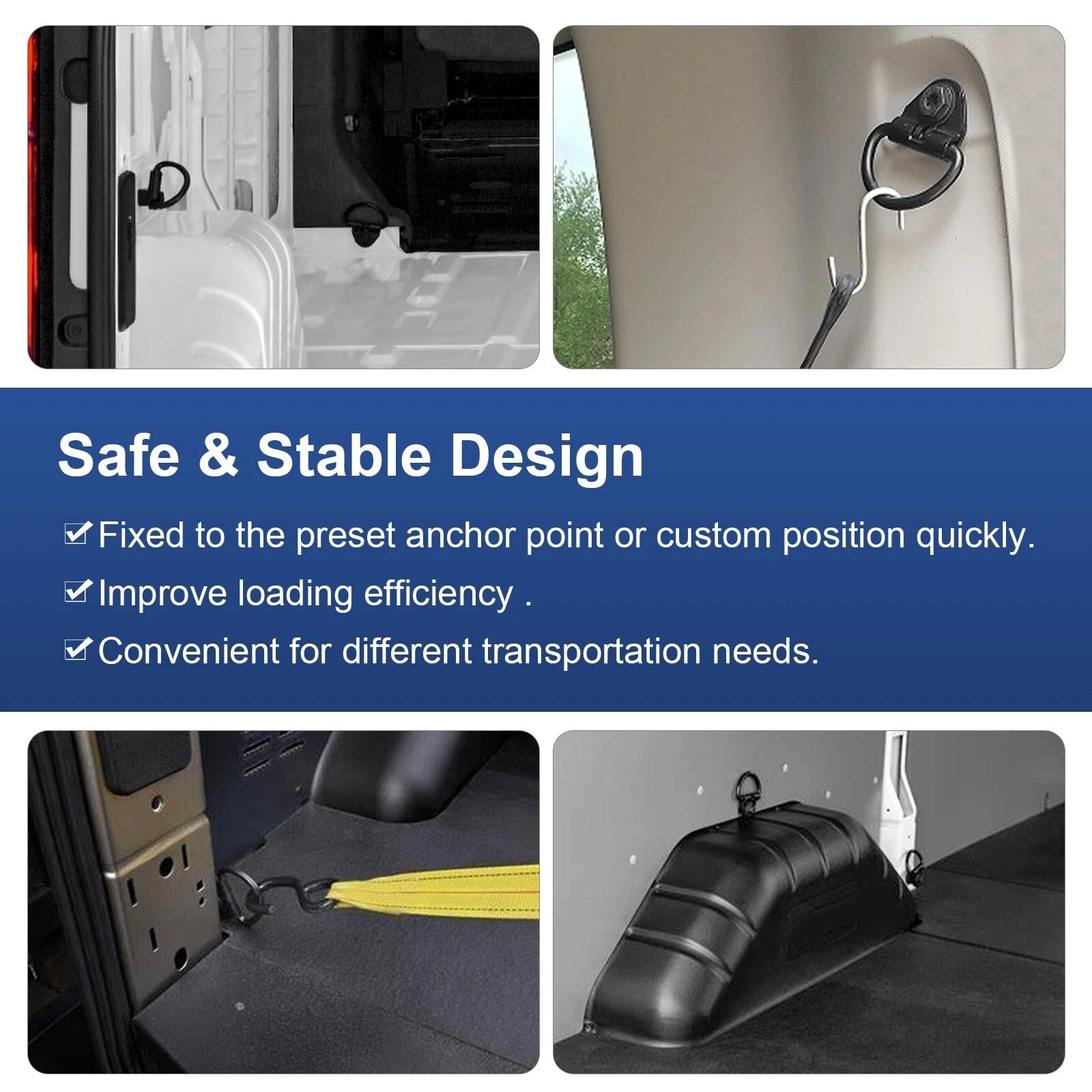 Set of 6 Black Cargo D-Hooks for Ford Transit 150 250 350 (2015–2023)
