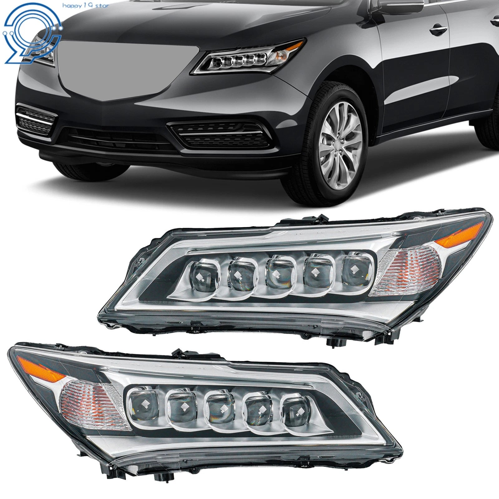 Set of 2 LED Chrome Headlights for Acura MDX (2014–2016)