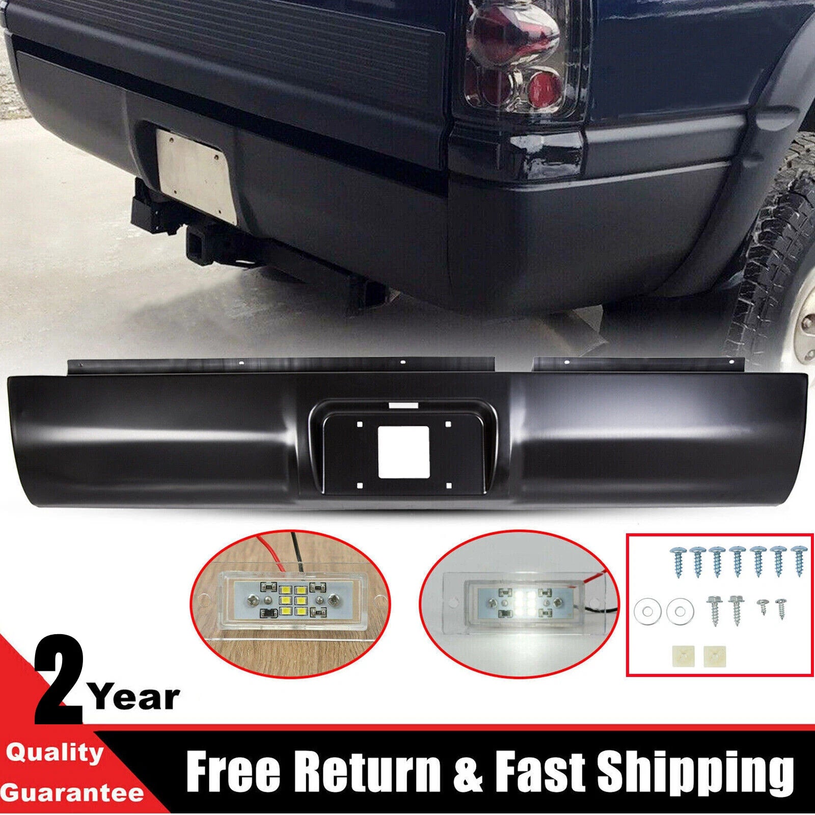 Black Rear Bumper Roll Pan with LED Light for Dodge Ram 1500 2500 3500 (1994–2001)