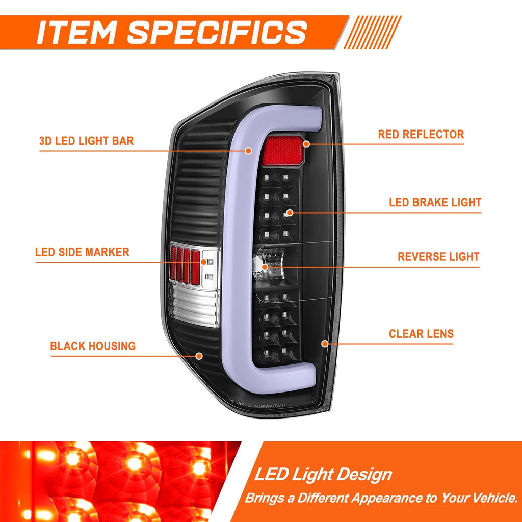 3D LED Tube Bar Tail Light for Tundra (2014–2021) Black Housing