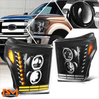 LED Halo Ring DRL Sequential Signal Projector Headlights for Ford F250 SD (2011–2016)