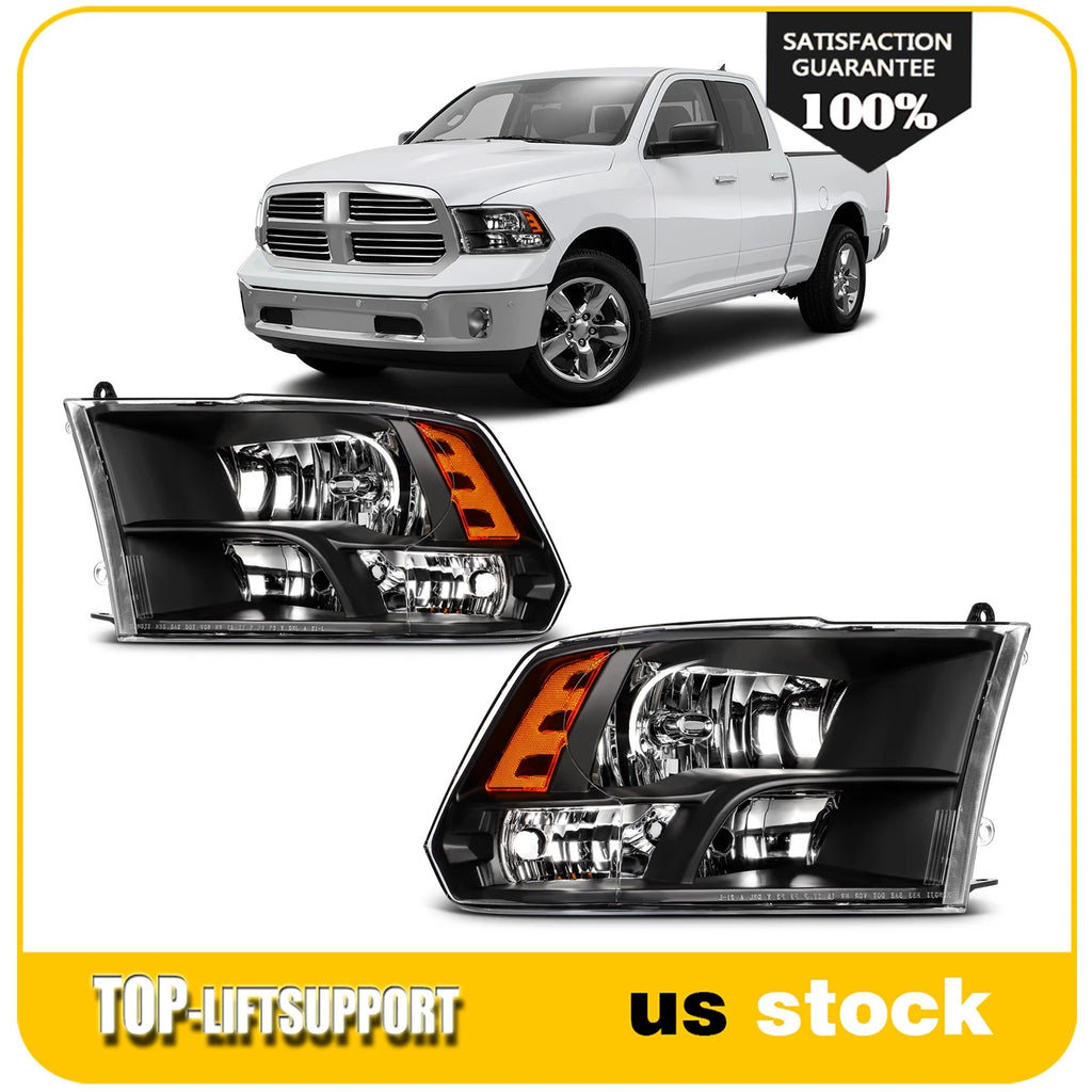Headlights for Dodge Ram 1500 2500 3500 (2009–2018) Quad Black Housing Amber