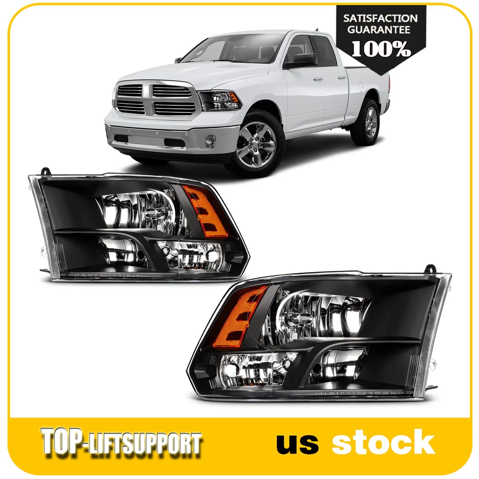 Headlights for Dodge Ram 1500 2500 3500 (2009–2018) Quad Black Housing Amber