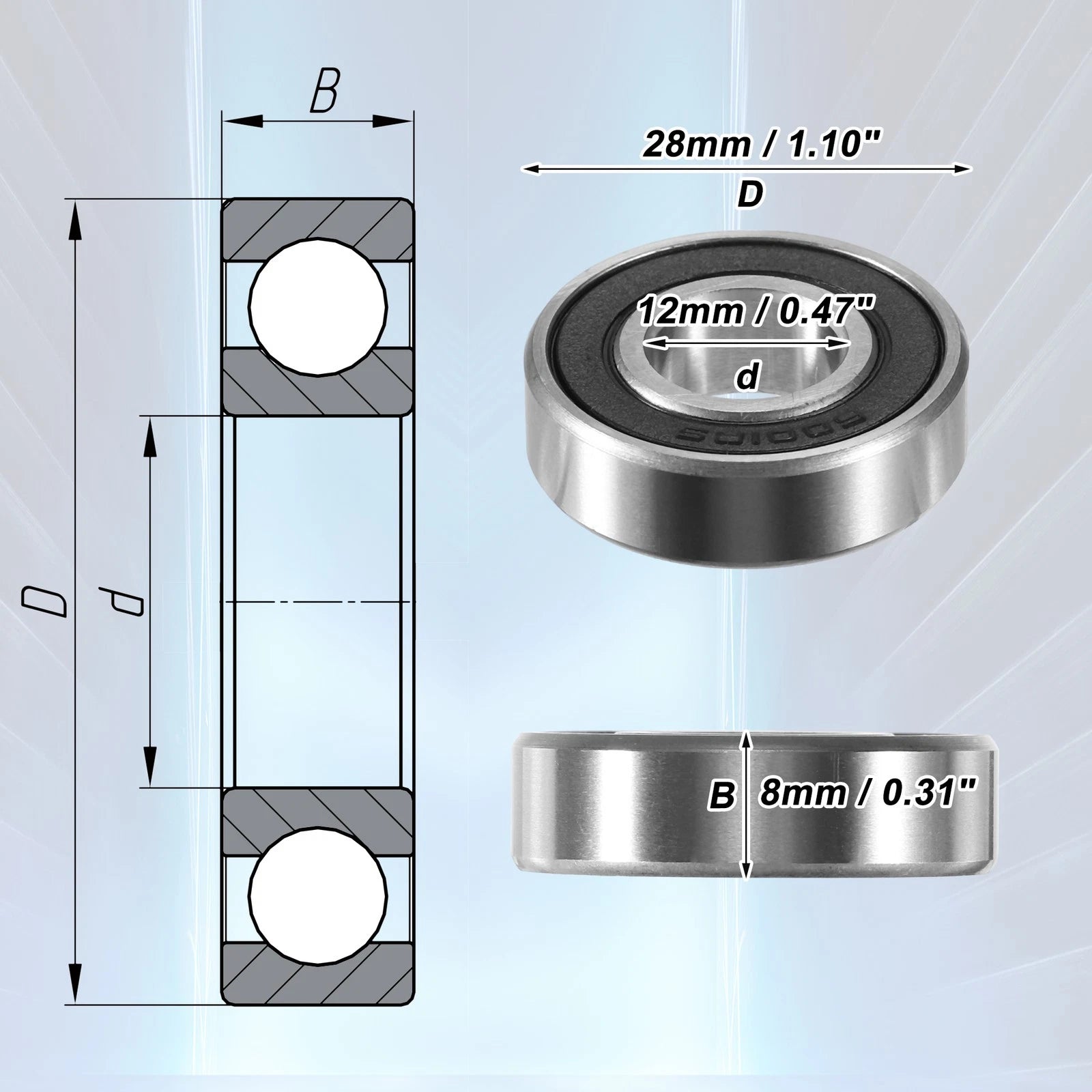 2X 6001-2RS 12x28x8mm Double Rubber Sealed Ball Bearings for Auto