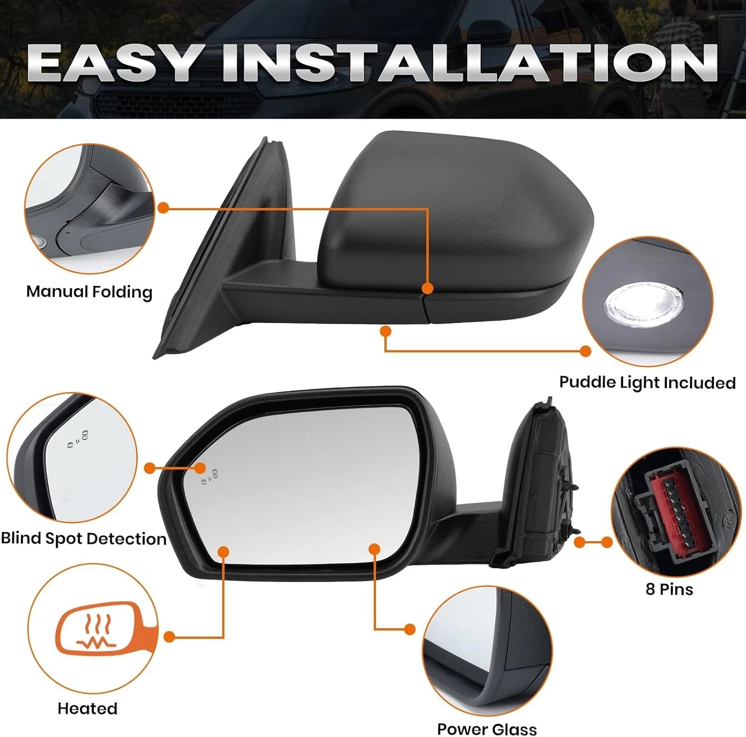 Mirror LH+RH for Ford Explorer (2020–2025) Power Heated Manual Folding