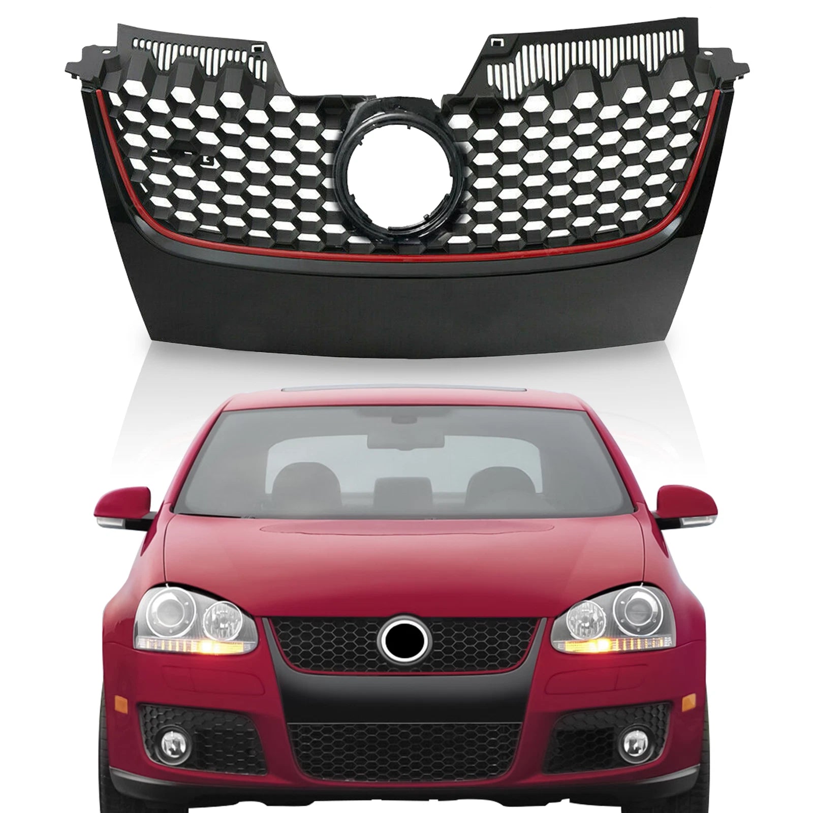 Front Upper Mesh Grille for VW Mk5 GTI Jetta (2006–2009) Matte Black Red Trim