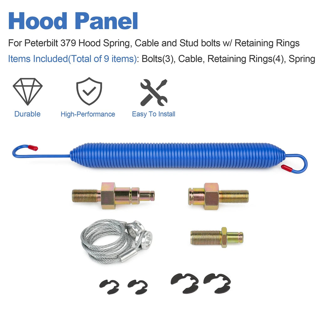 Hood Spring, Cable & Stud Bolts w/ Retaining Rings for Peterbilt 379 (2000–2007)