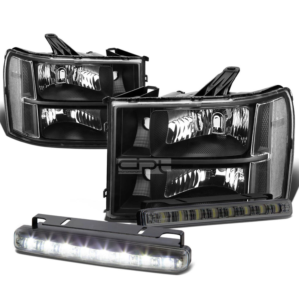 Black Clear Corner Headlight, Bumper & Smoked LED Fog Light Kit for GMC Sierra (2007–2014)