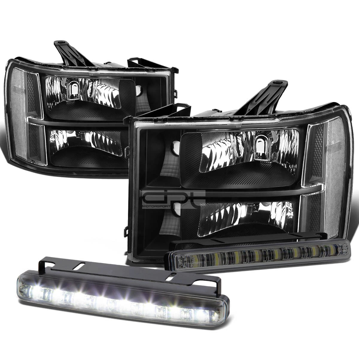 Black Clear Corner Headlight, Bumper & Smoked LED Fog Light Kit for GMC Sierra (2007–2014)