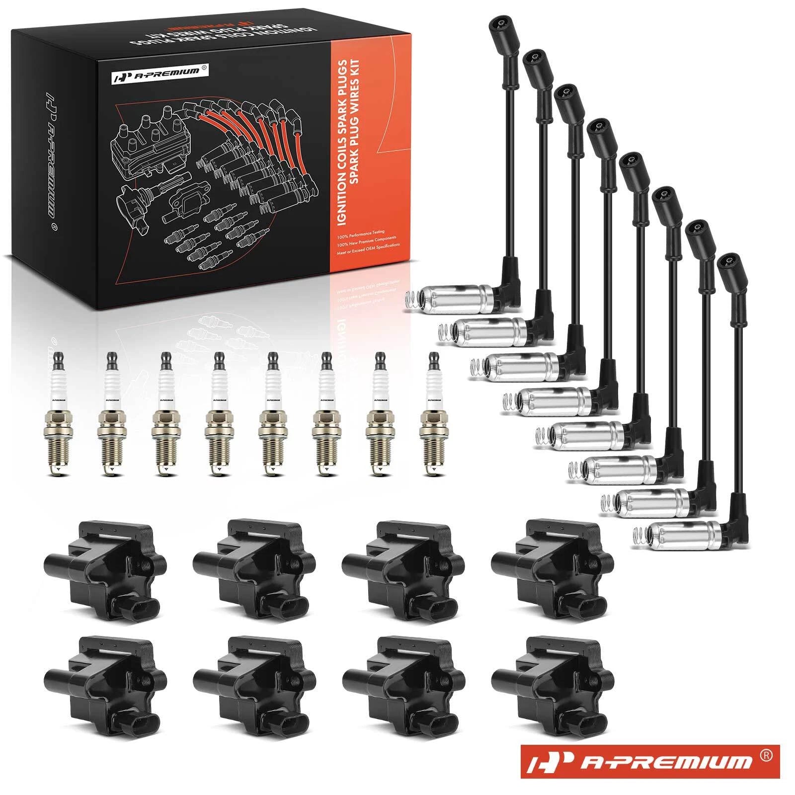 Set of 8 Ignition Coils, Spark Plugs & Wires for Chevrolet GMC 