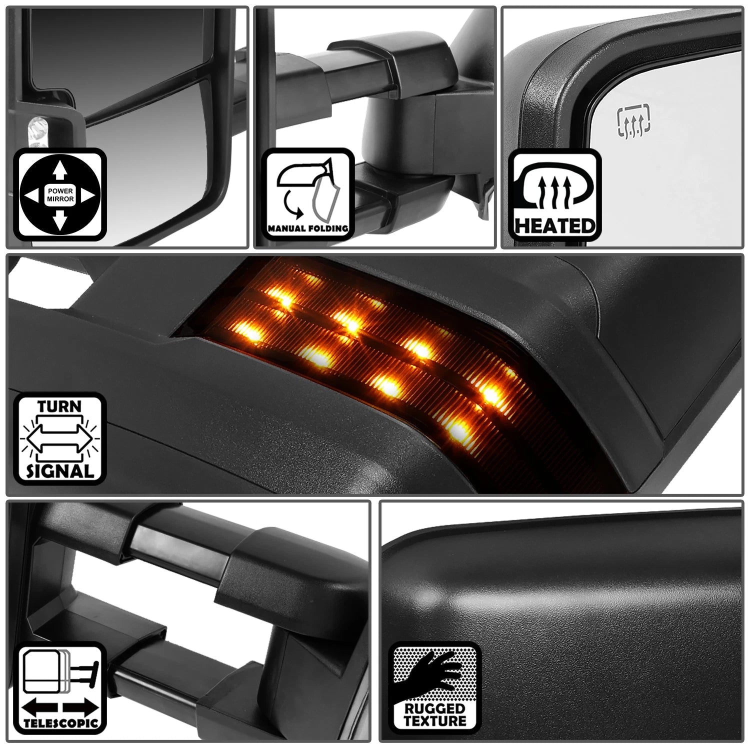 Powered Towing Mirror Set for Chevy Silverado (2003–2007) - Black, Heat, LED Signal