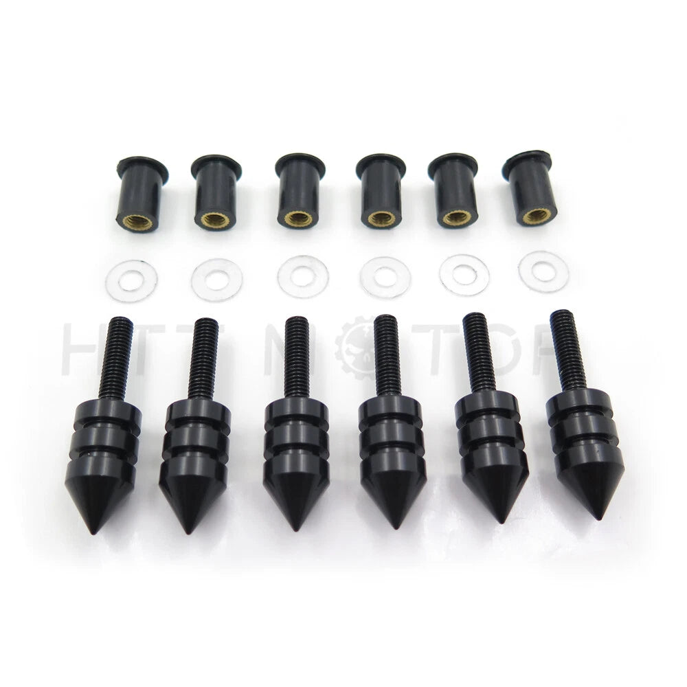 6 pcs Spike Windscreen Bolt Kit for Universal Motorcycles (Aluminum, Black Chrome)