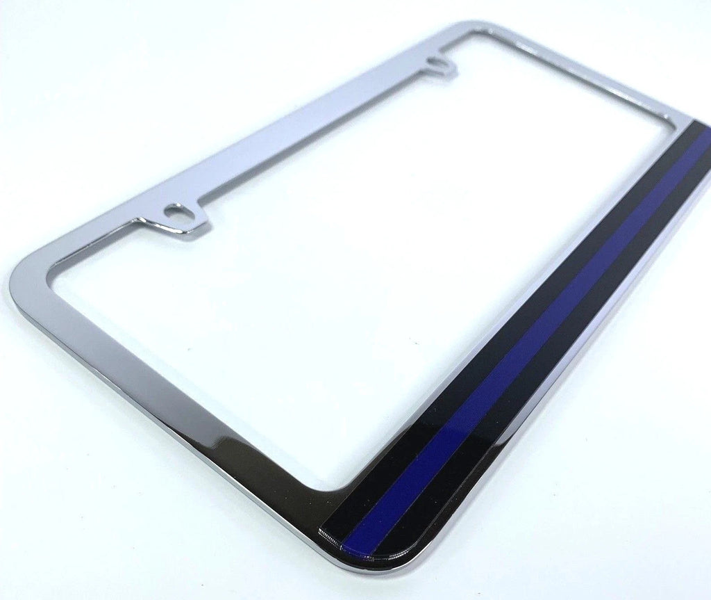 License Plate Frame Police Thin Blue Line Chrome Premium for Universal Fit (Any)