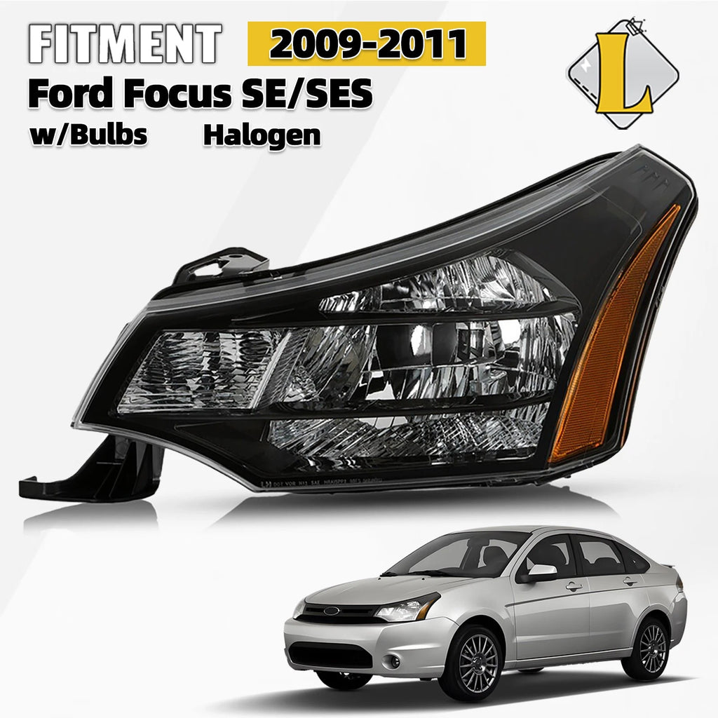 Halogen Headlight Assembly for Ford Focus (2009–2011) Black with Bulbs