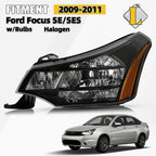 Halogen Headlight Assembly for Ford Focus (2009–2011) Black with Bulbs