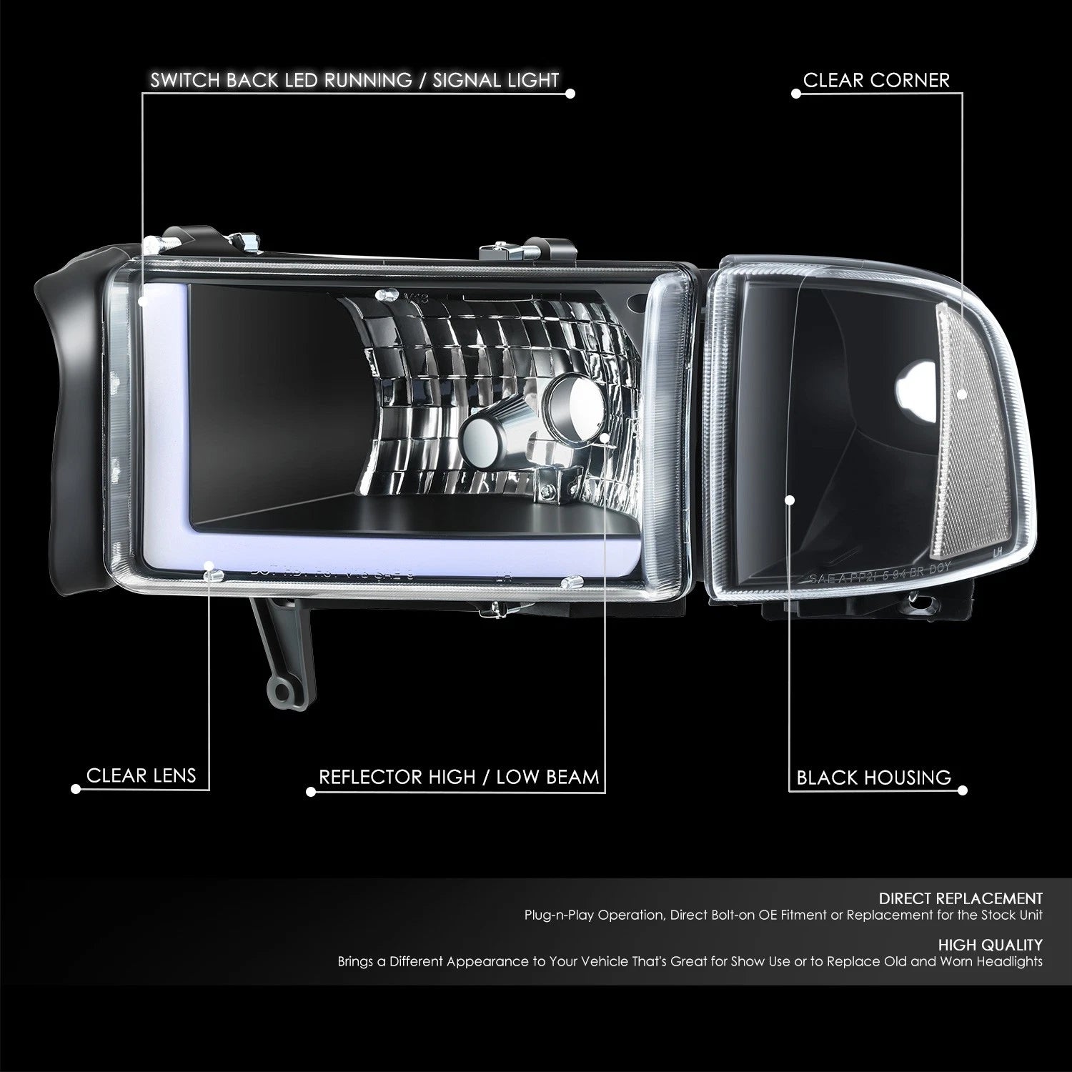 Switchback L-Tube LED Headlights for Dodge Ram 1500 2500 3500 (1994–2002)