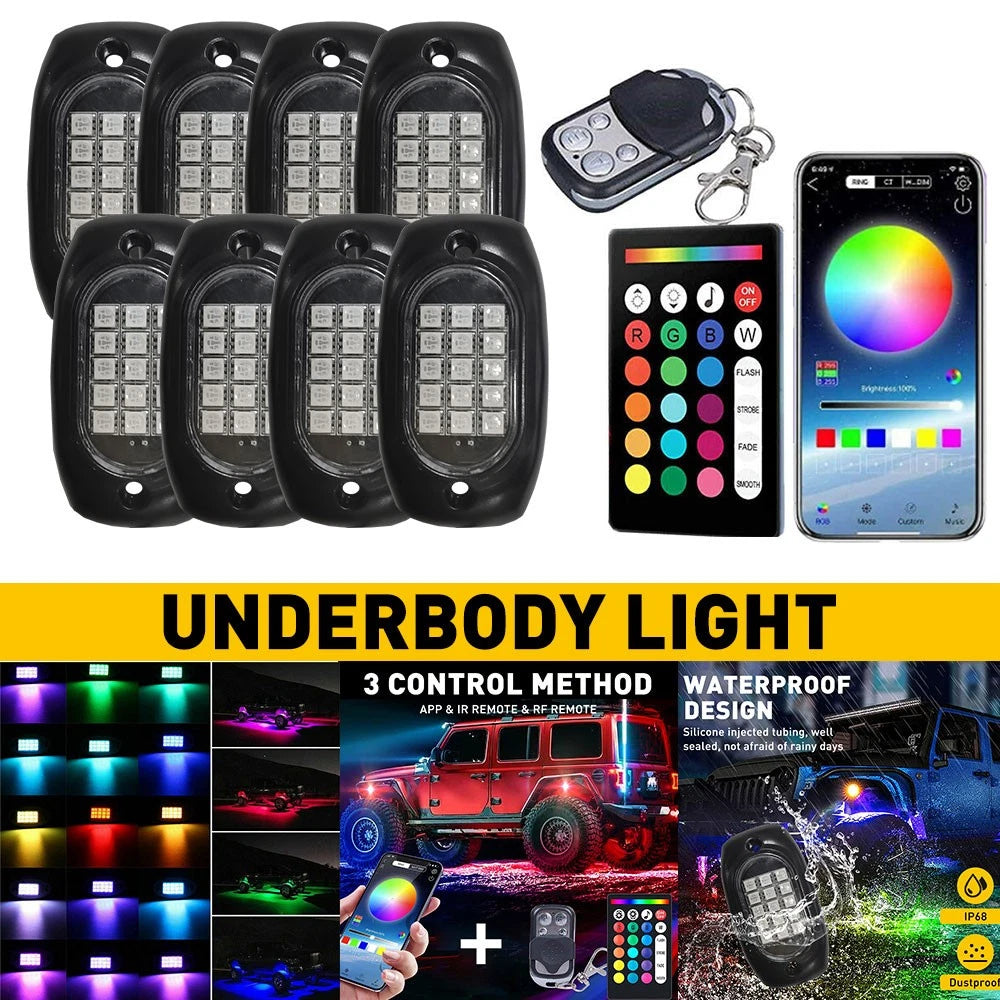 RGB LED Rock Lights for Offroad Vehicles (Bluetooth, Wireless)