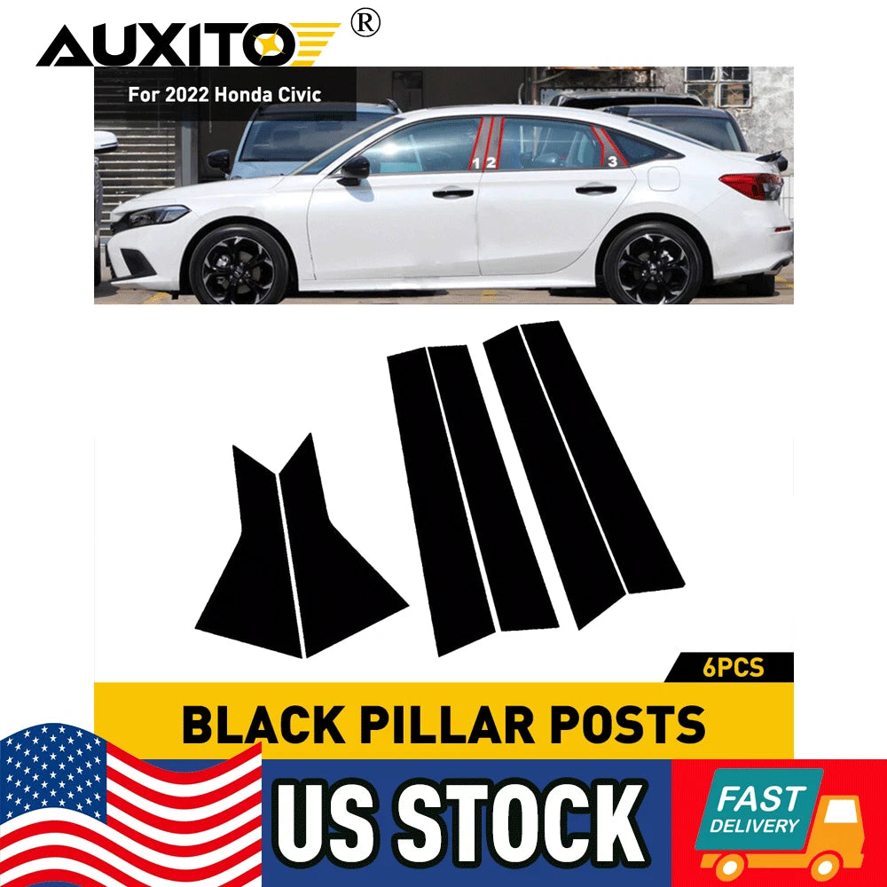Set of 6 Black Window BC Pillar Posts Cover Trim for Honda Civic Sedan (2022)