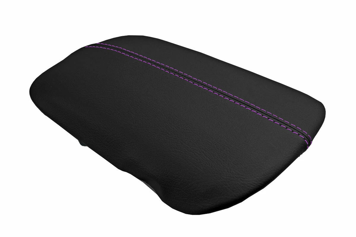 Leather Console Lid Armrest Cover for Ford Mustang (2015–2020) Black Purple Stitch