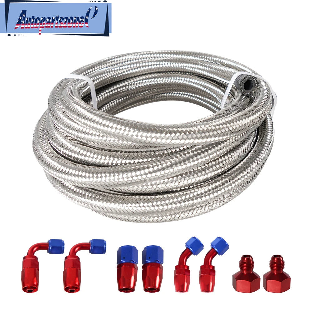6AN AN6 12FT Nylon Braided Oil Fuel Line + Fitting Hose End Adapter Kit