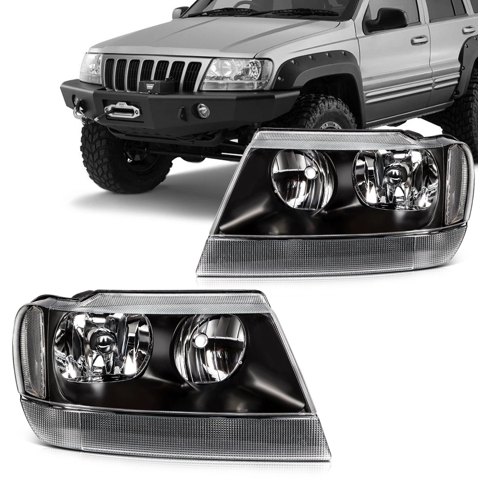 Headlight Assembly Set of 2 for Jeep Grand Cherokee (1999–2004) Black Housing