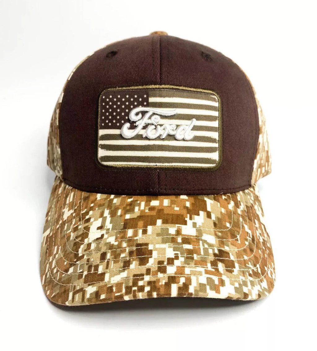 Hat Cap with Ford Script Emblem and American Flag for Ford (Tan)
