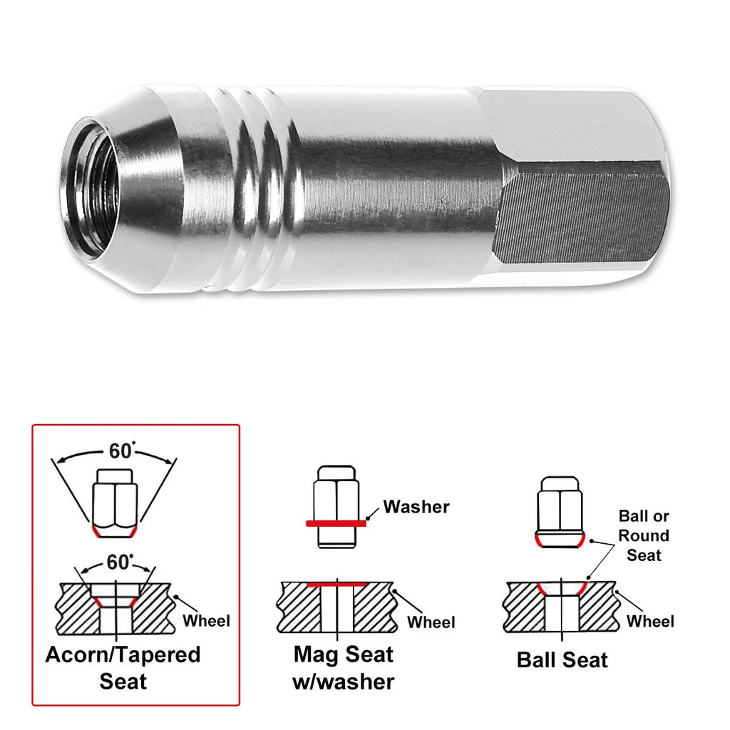 Set of 20 M12X1.25 Silver JDM Open End Conical Hex Wheel Lug Nuts + 20mm Extension