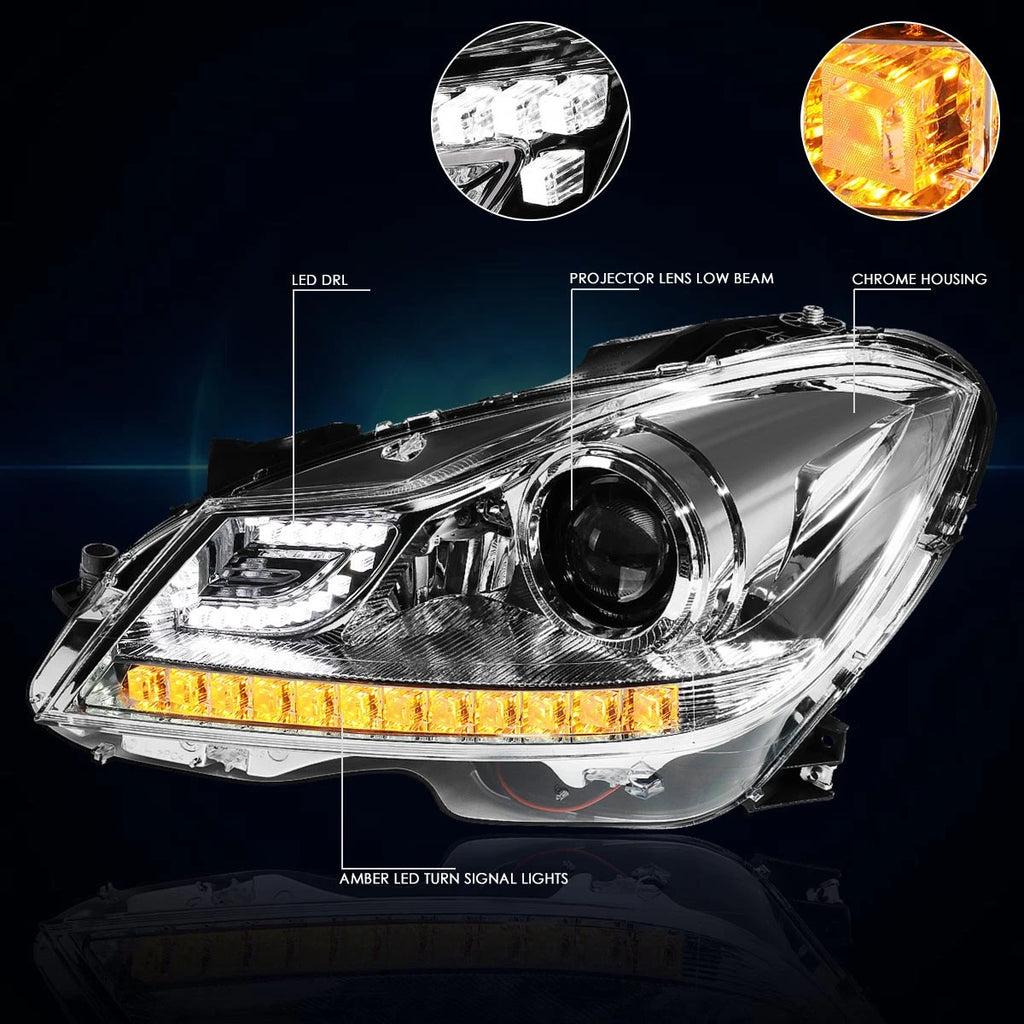 Projector Headlight for Mercedes C-Class (2012–2015) - 3D LED DRL, Chrome Housing