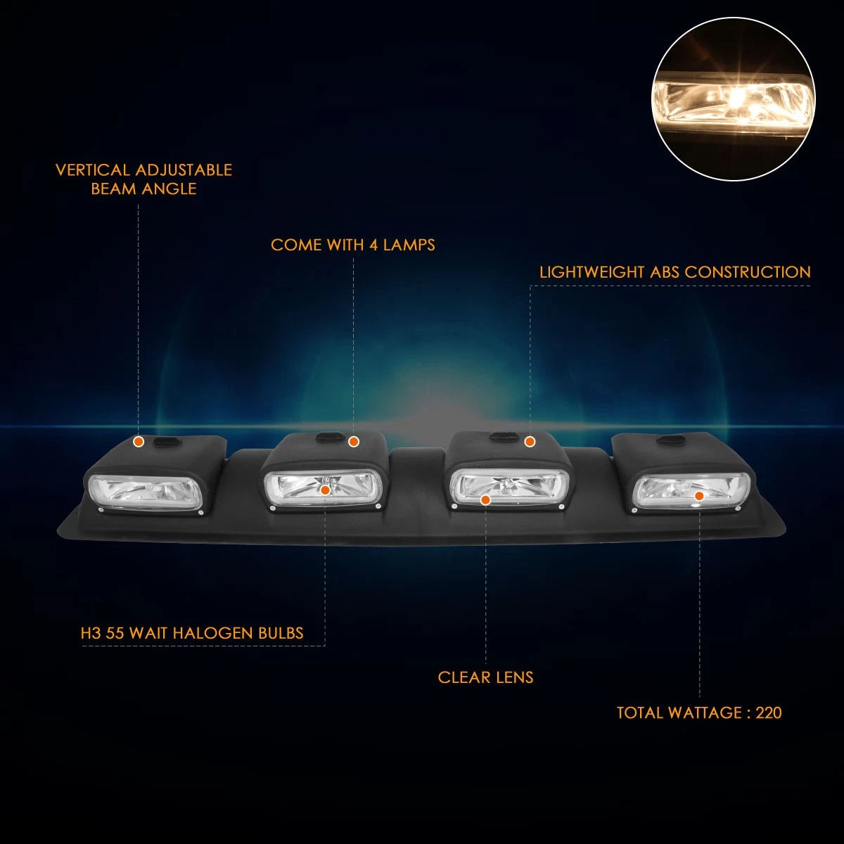 4X4 Off-Road Clear Lens Roof Top Cab Fog Light Lamp w/Switch