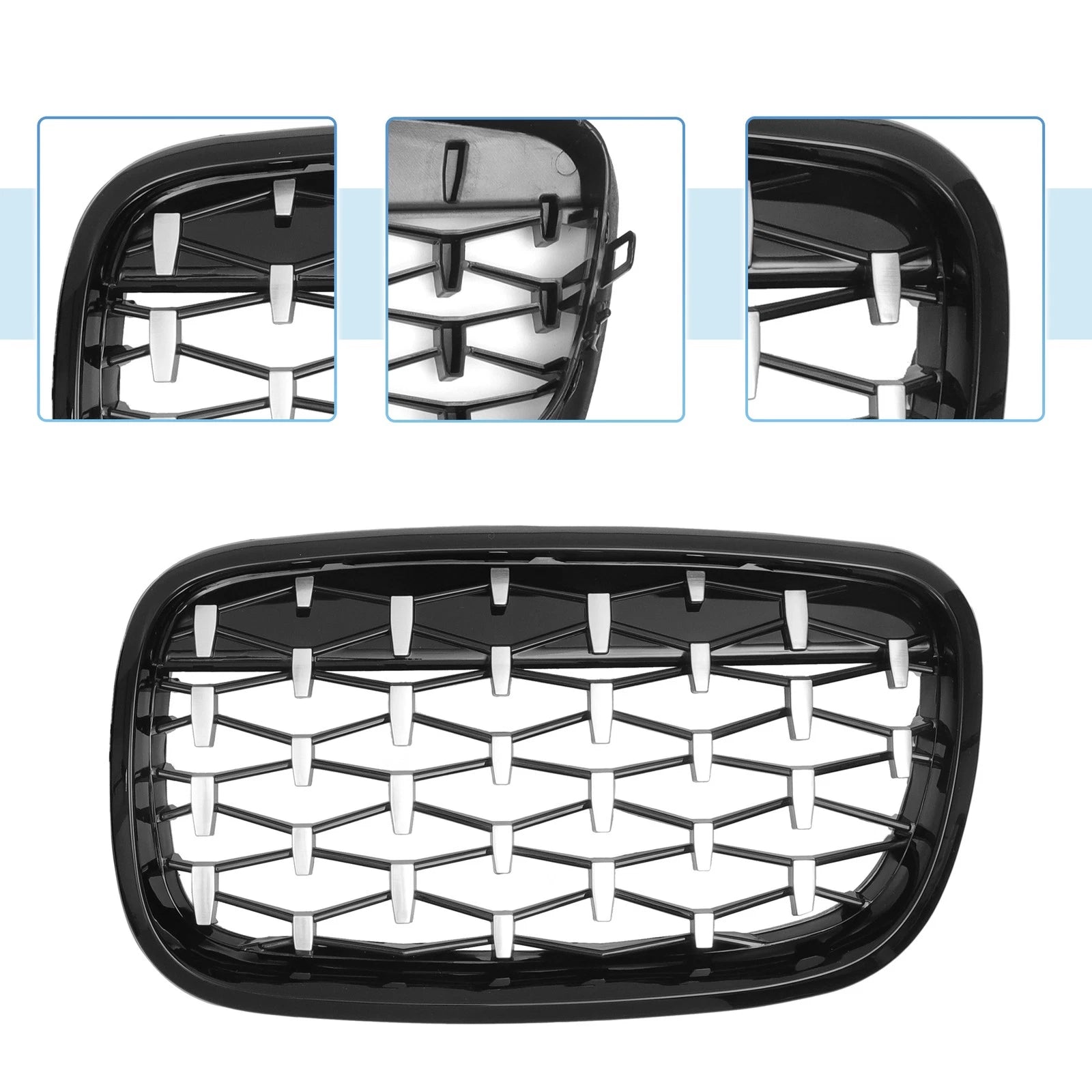 Set of 2 Front Hood Bumper Grilles for BMW X5 X6 (2008–2013) Black Silver Tone