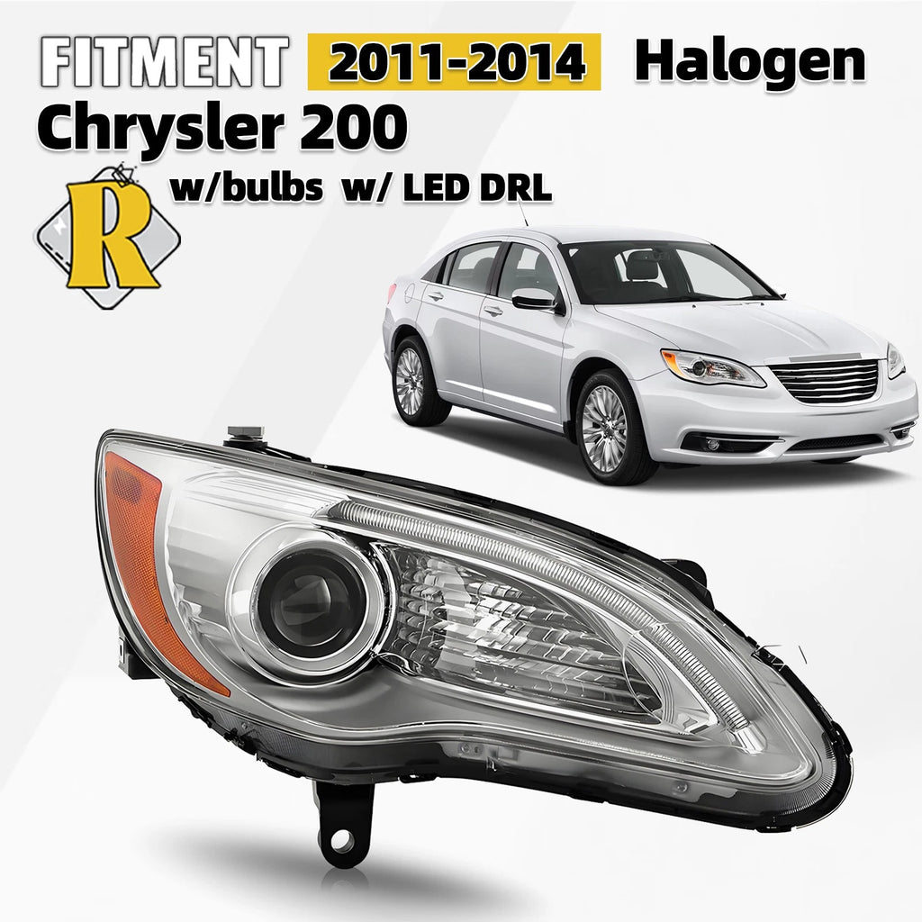 LED DRL Chrome Halogen Projector Headlight Right for Chrysler 200 (2011–2014)