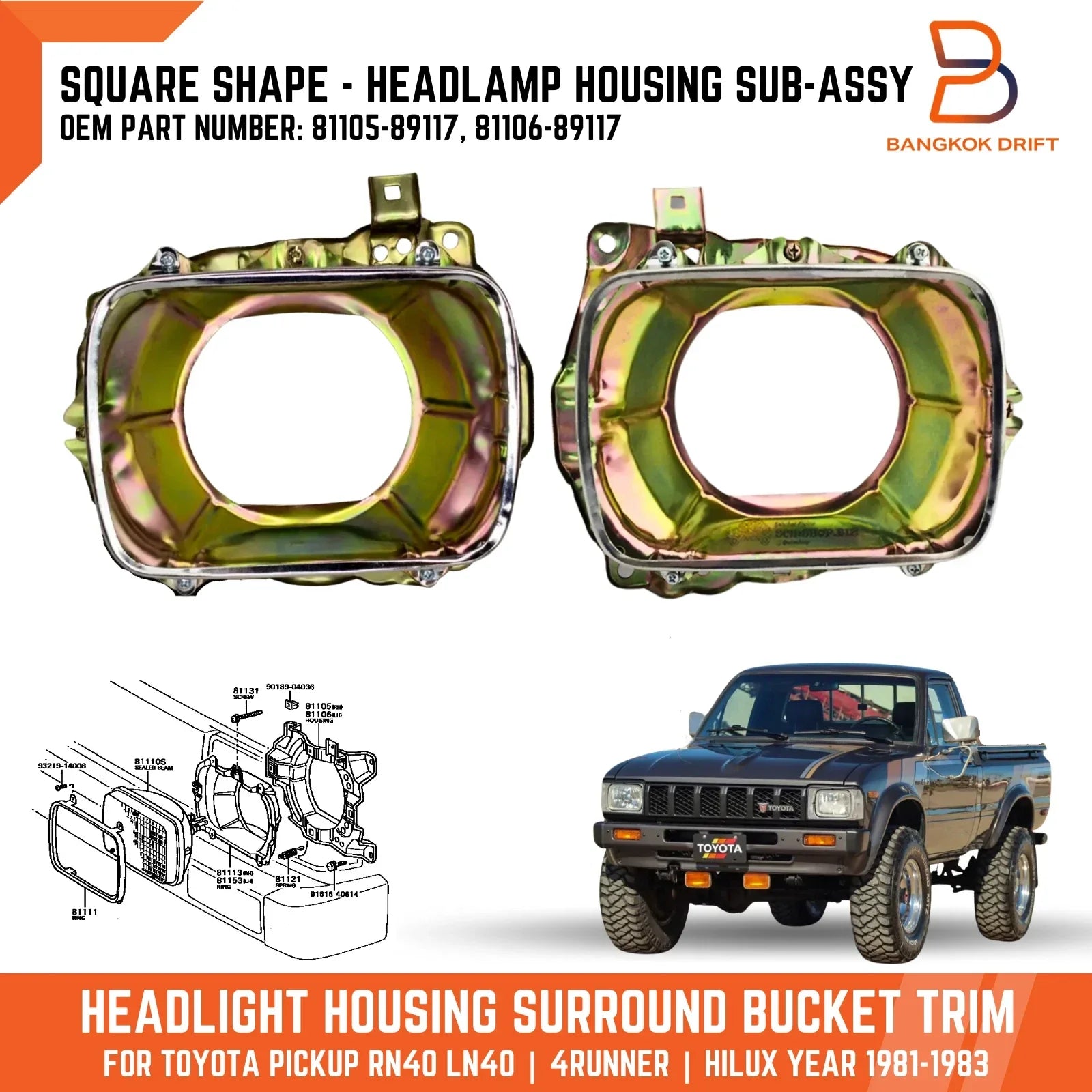 Headlight Square Housing Lamp Bucket for Toyota Hilux Ute (1981-1983)
