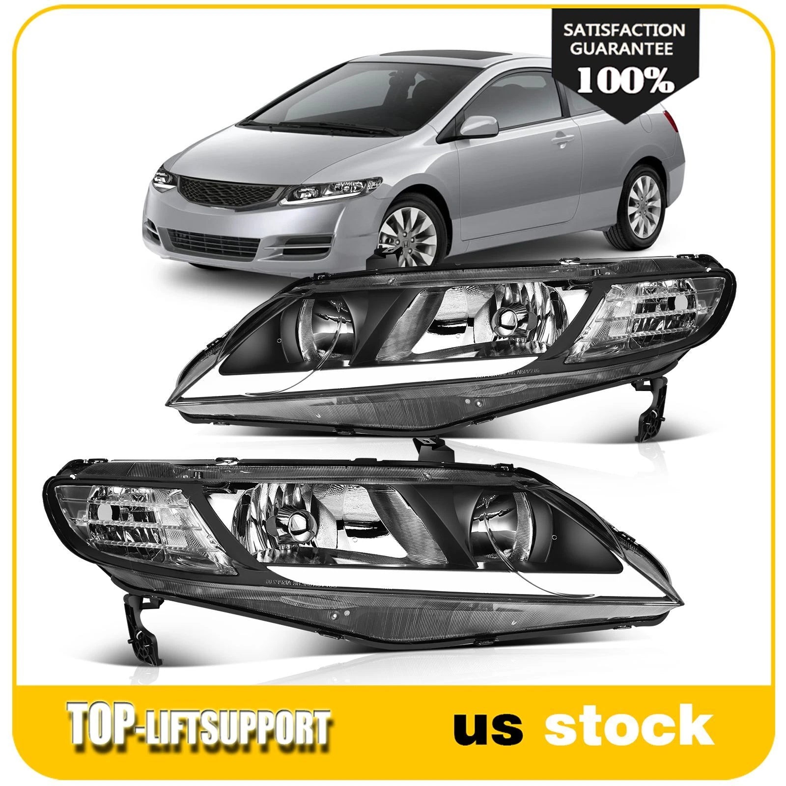 2X Headlight Assembly for Honda Civic (2006–2011) with LED DRL