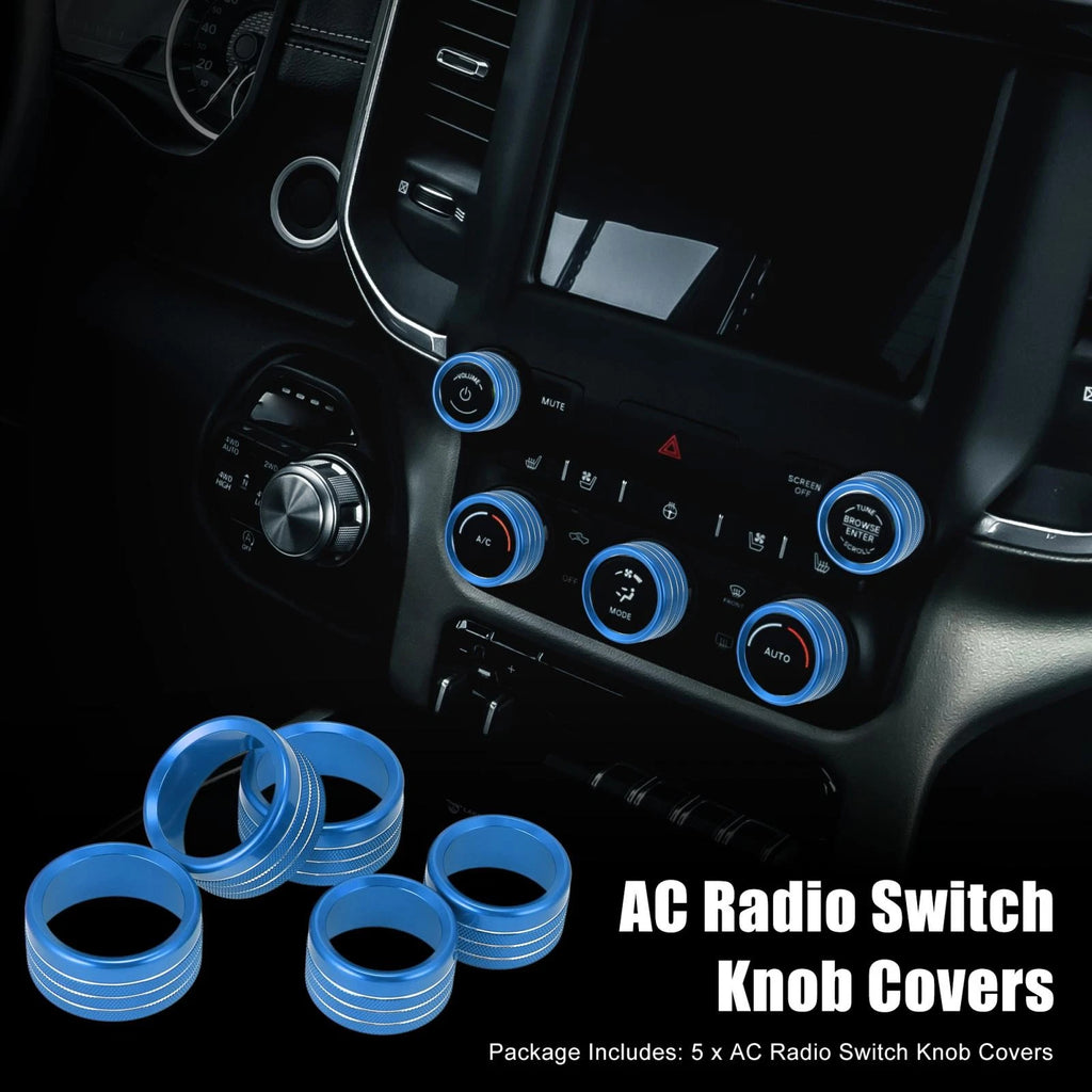 5pcs Blue AC Radio Switch Knob Cover for Dodge Ram 1500 (2018–2020)