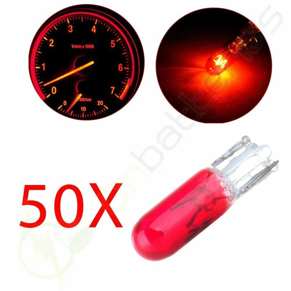 50x T5 Red Halogen Mini-Wedge Bulbs for Honda