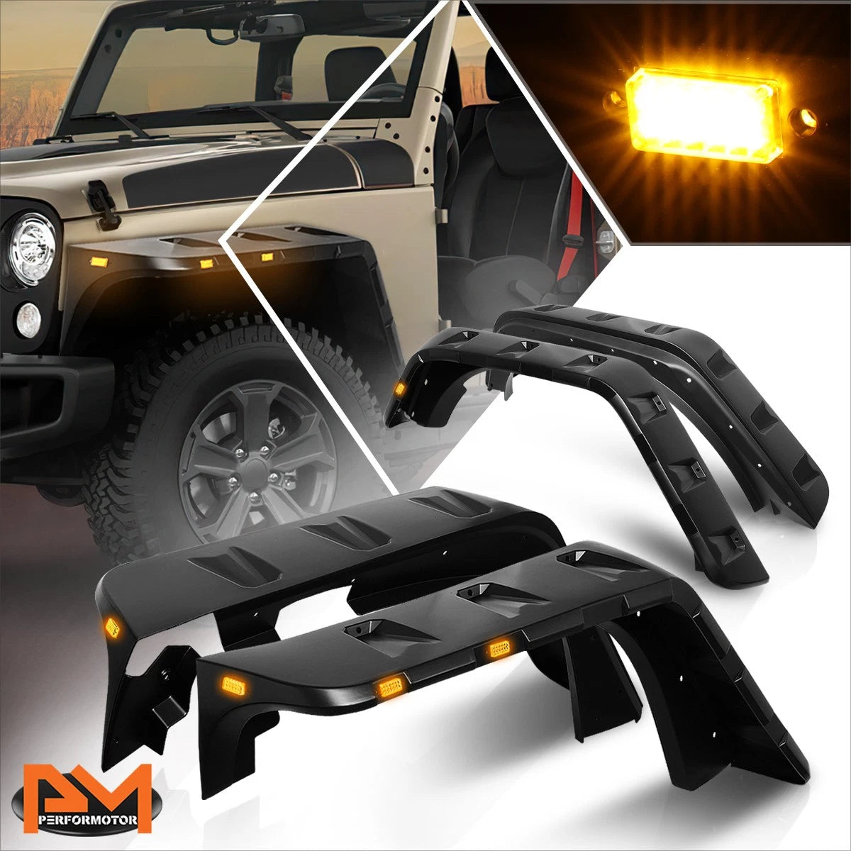4X Pocket-Riveted Wheel Fender Flares w/ LED for Jeep Wrangler JK (2007–2018)