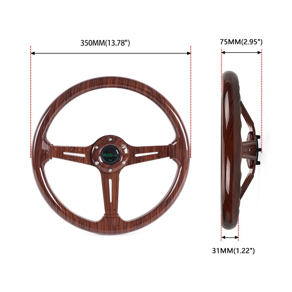 14" Racing Steering Wheel for Universal Fit (6 Bolt) Dark Wood Grain