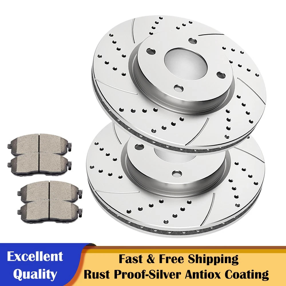 Front Drilled Slotted Rotors & Ceramic Brake Pads for Nissan Cube Sentra Versa (YYYY–YYYY)