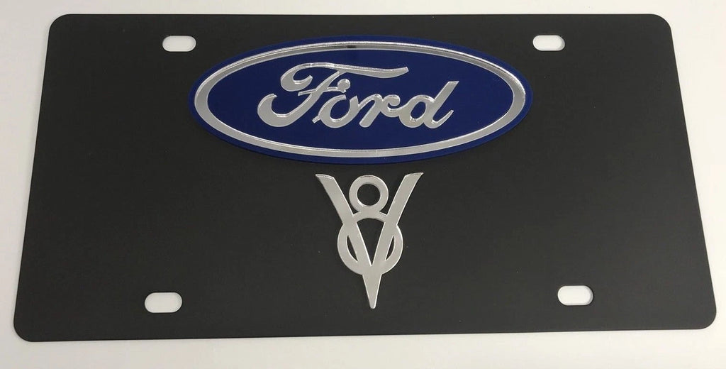 Vanity License Plate w Ford V8 Emblem Black Premium Steel (Licensed)